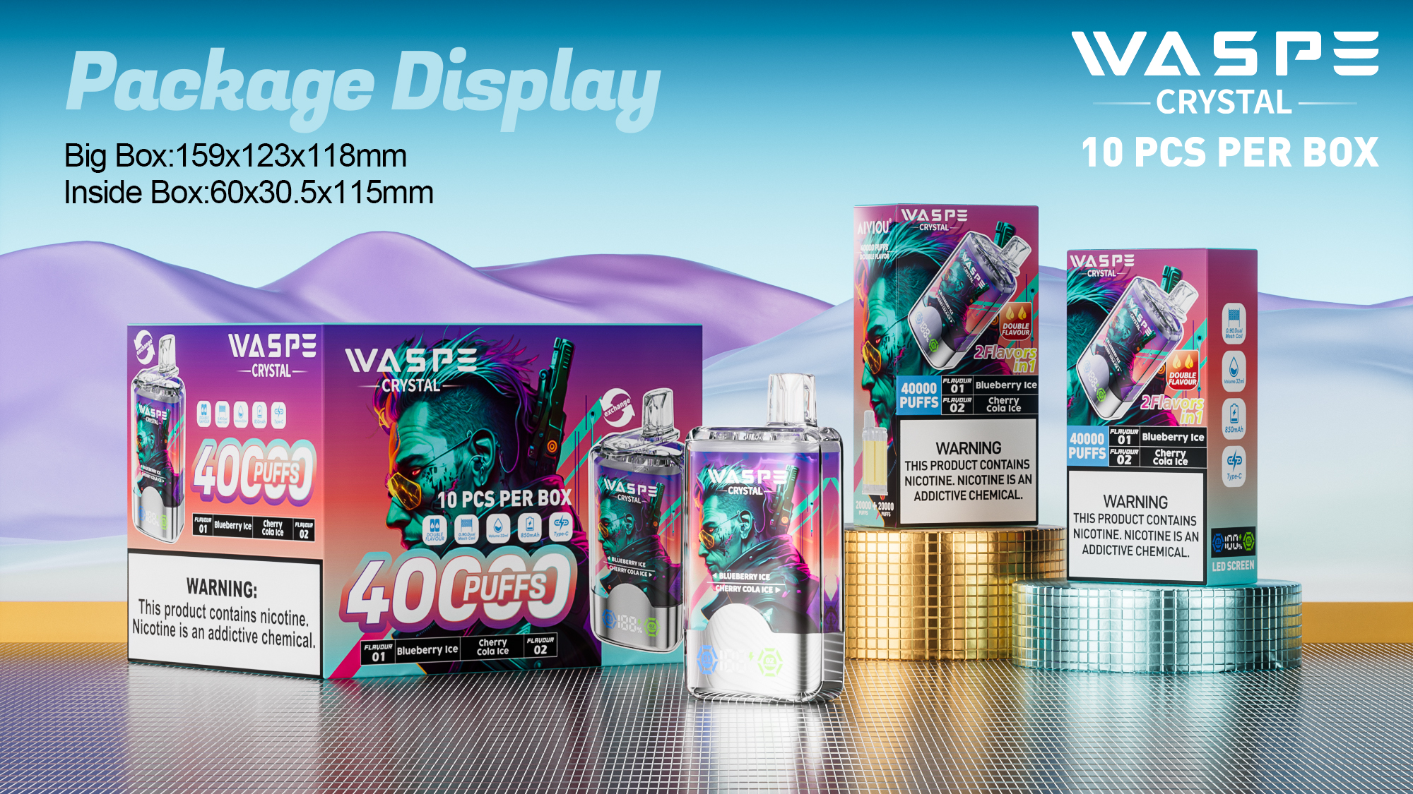 vape-pod.cn WASPE Crystal Double Flavors 40K(40000) Puffs 32mL e-liquid 0% 2% or 5% Nicotine Smart LED Display Type-C charging Disposable Vape
