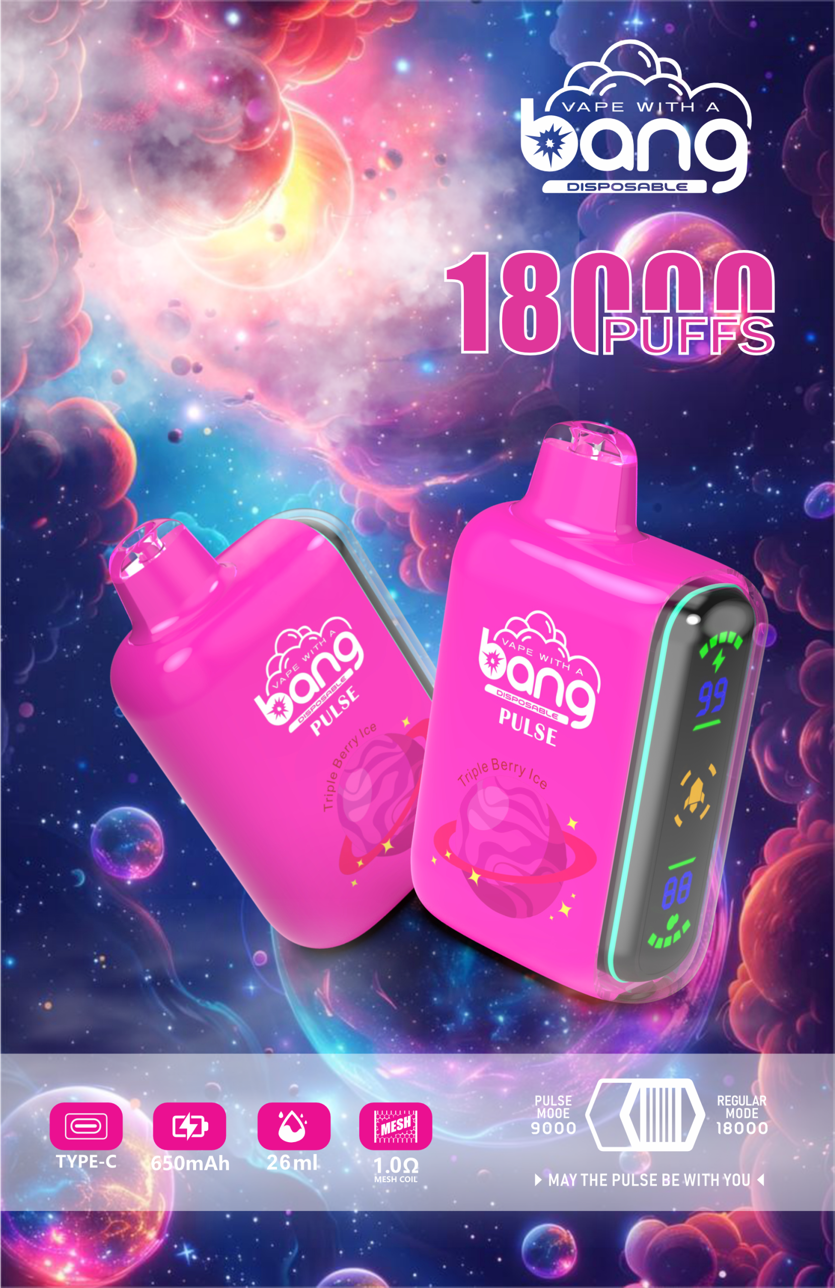 vape-pod.cn Bang Pulse 18K(18000) Puffs Adjustable Airflow 26ml E-liquid 0% 2% 3% 5% Nicotine Type-C Charging Disposable Vape