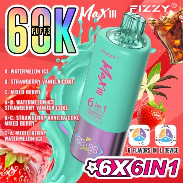 vape-pod.cn Revolutionary Experience:Fizzy Max III Six-in-One Rechargeable Disposable Vape-A 60,000-Puff Journey to Bliss, Unlocking 6 Mysterious Flavor Universes!